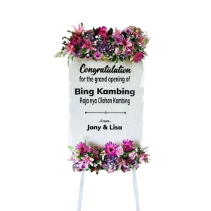 Karangan bunga indoor standing akrilik premium dengan bunga artificial berkualitas, ukuran 60 x 80 cm, eksklusif untuk pernikahan, grand opening, anniversary, dan acara spesial lainnya.