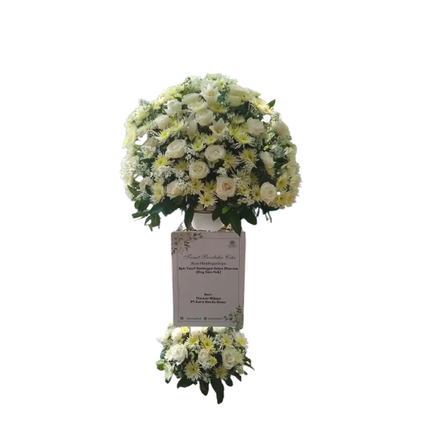 Standing flower elegan dengan aster, mawar, krisan, dan filler untuk duka cita.