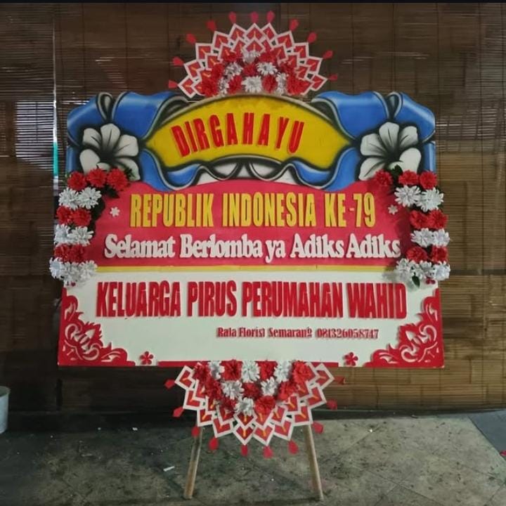 Karangan bunga digital HUT RI ke-80 merah putih dengan desain elegan dari Raja Florist Semarang.
