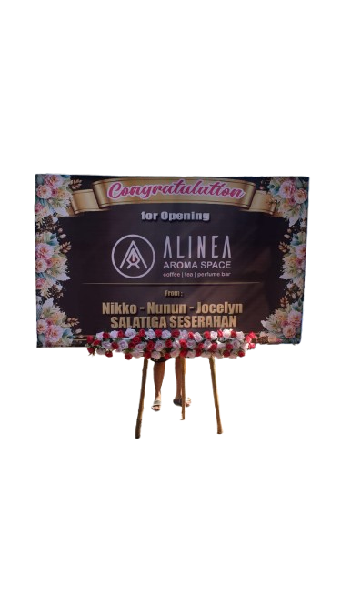 Bunga papan printing dengan bunga artificial dari Raja Florist Semarang, desain modern dan elegan.